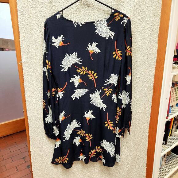 Sz 4 Fit & Flare Blue Autumn Tones Floral Long Sleeve Mini Dress Boho Chic Print - Picture 3 of 10